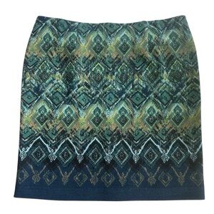 J. Jill NWT Pull On Knit Geometric Blue Green Pencil Skirt Stretchy Lined Sz L